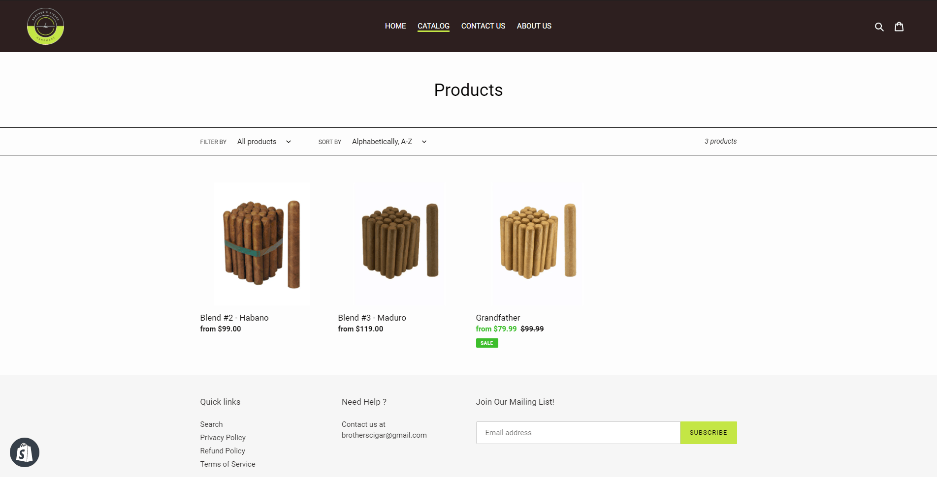 Brother's Cigars Shopify Project Catalog Screen