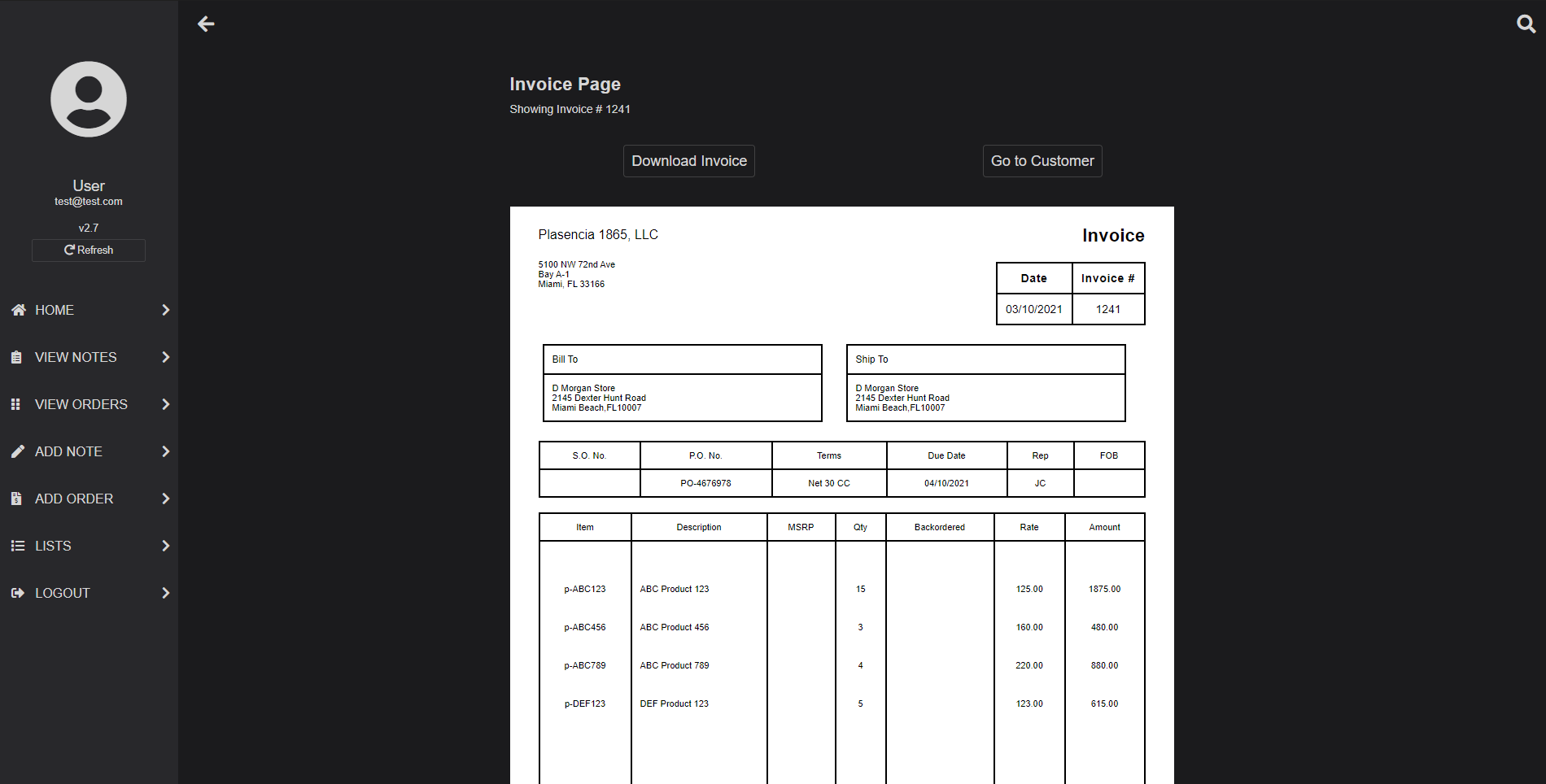 CRM Web App Invoice Page Screen Shot