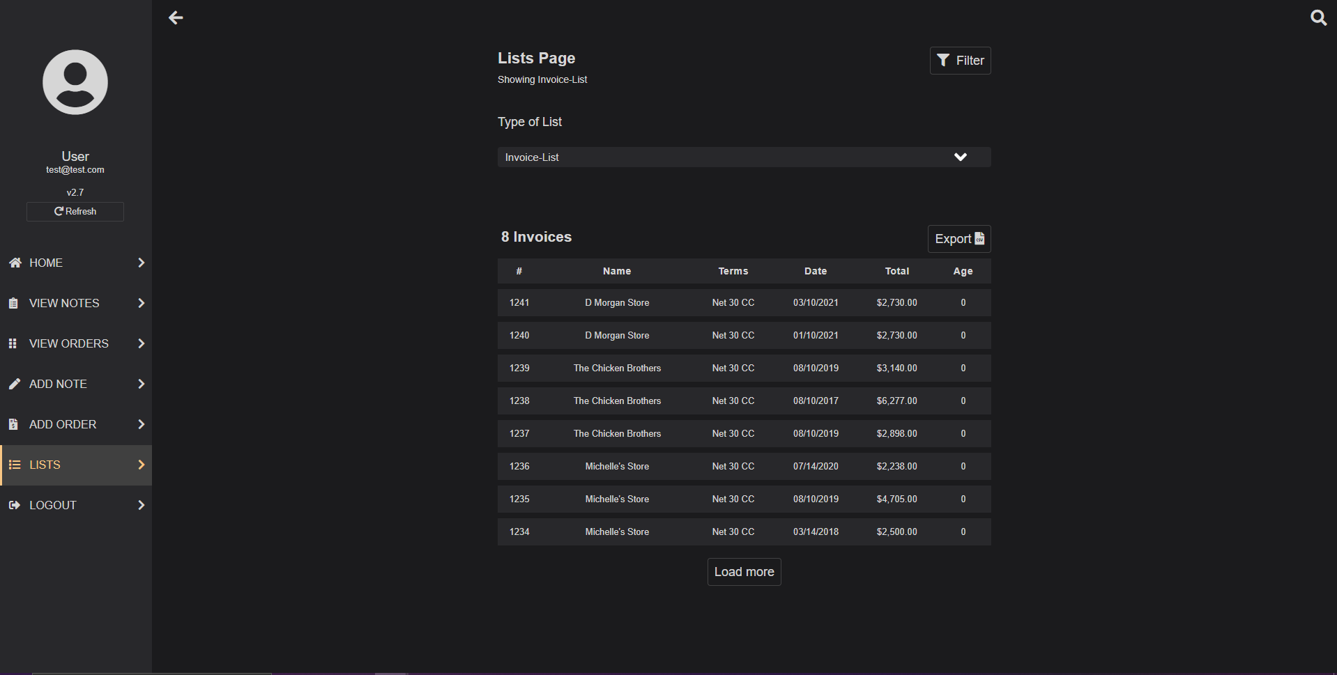 CRM Web App Invoice List Page Screen Shot