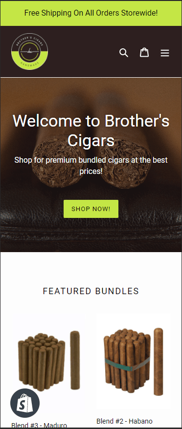 Brother's Cigars Shopify Project Mobile Home Screen