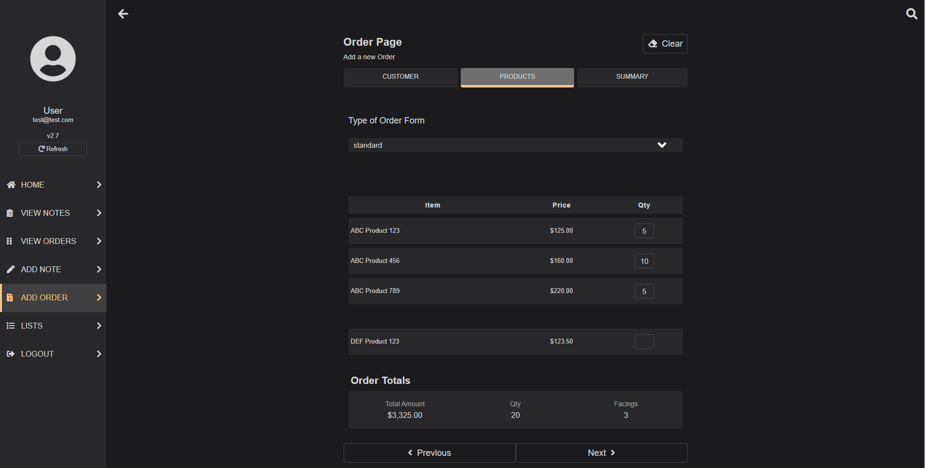 CRM Web App Order Form Page Screen Shot